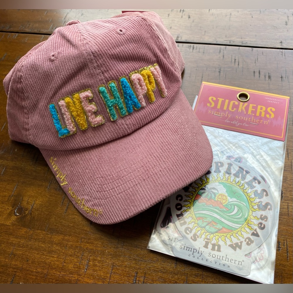 •NEW•{2} Simply Southern LIVE HAPPY Terry Sparkle Hat + 3 Pack Sticker Bundle